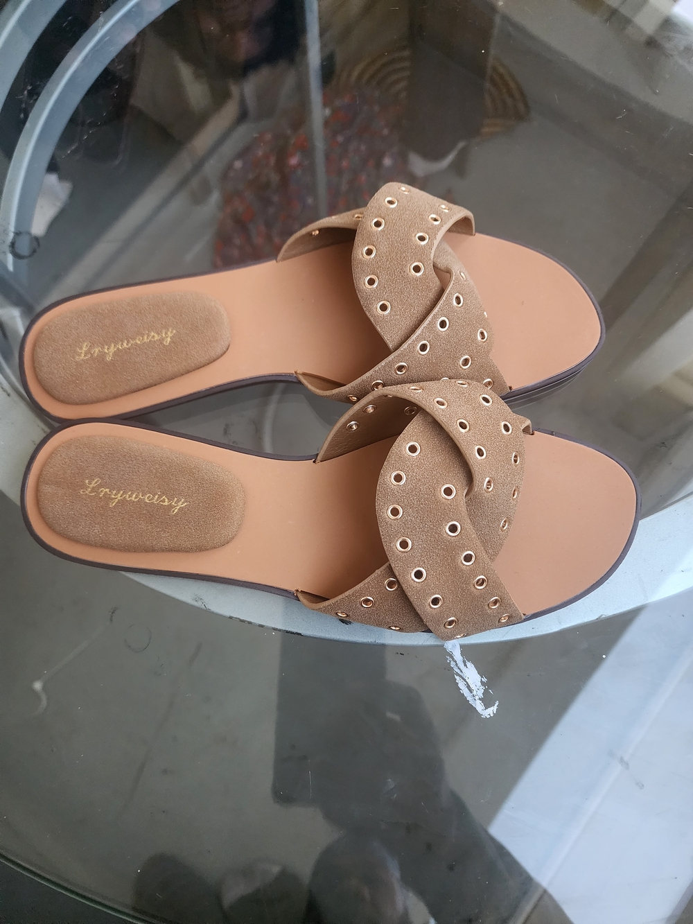 & Other Stories Tan Eyelet Crisscross Slide Sandals